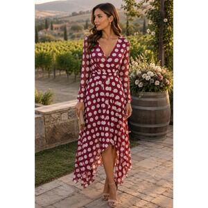 C/MEO COLLECTIVE Polka Dot High-Low Maxi Dress Burgundy White L/M